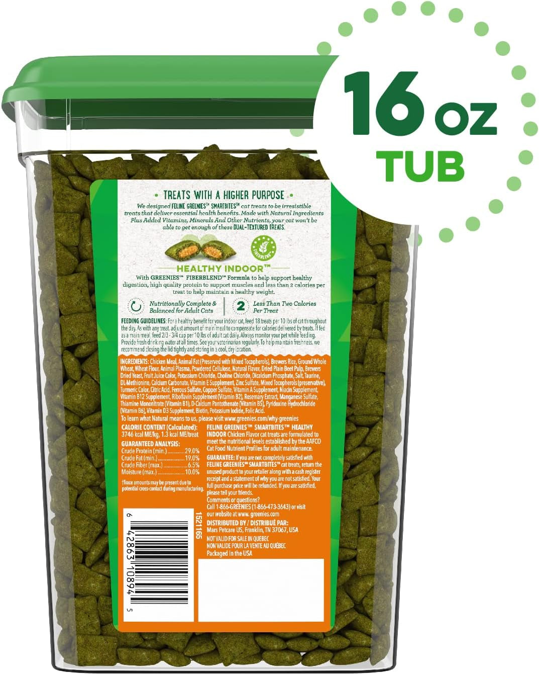 FELINE SMARTBITES Hairball Control Crunchy and Soft Natural Cat Treats, Chicken Flavor, 16 Oz. Tub