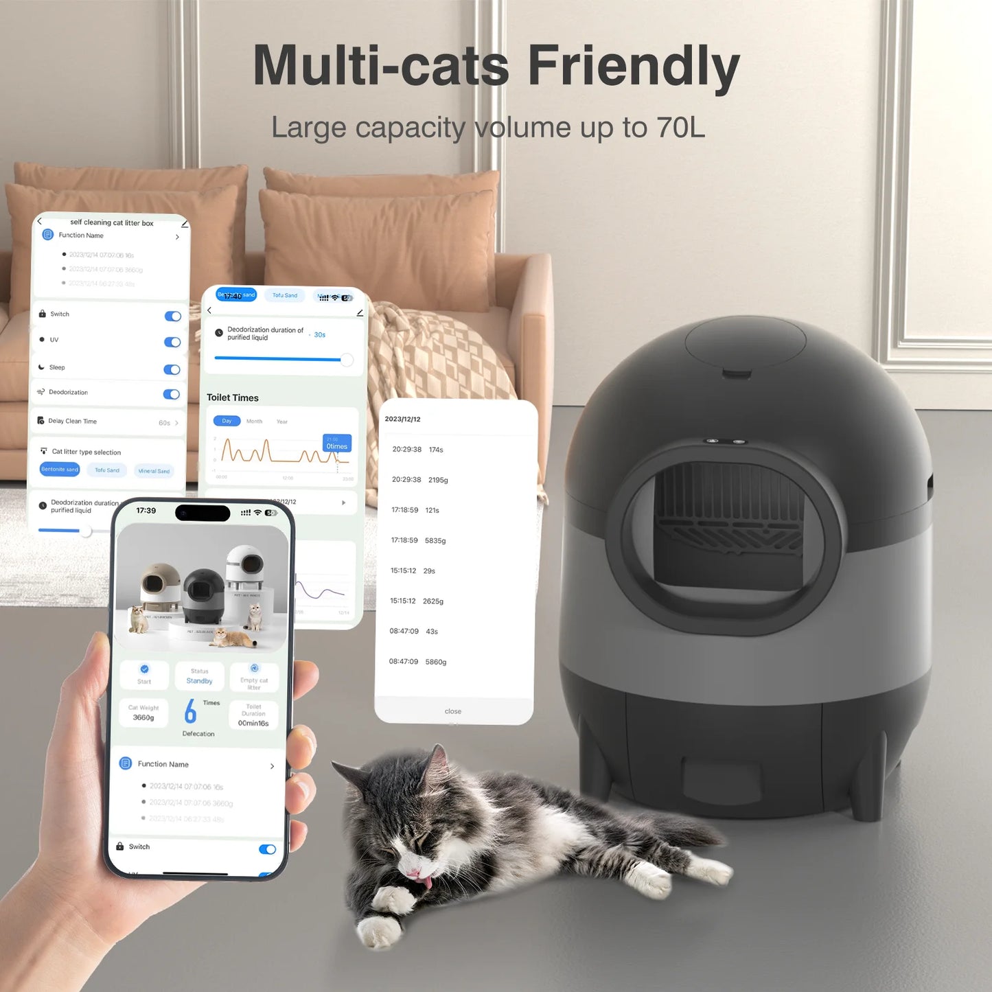 Self-Cleaning Cat Litter Box, Automatic Cat Litter Box 2.4G Wifi with APP Control, Extra Large Capacity for Multiple Cats, Cat Litter Box Self Cleaning, Black
