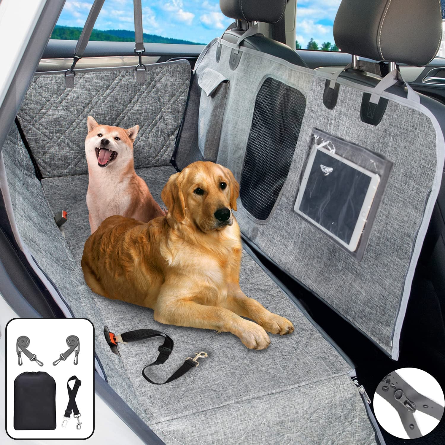 Car Dog Cover with Zipper- Car Hammock for Dogs Waterproof - Dog Car Seat Cover for Back Seat with Mesh Window Big Pocket for Car/Suv Nonslip Rubber Back Washable Luxury Material