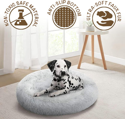 Donut Dog Bed Faux Fur Fluffy Calming Sofa for Large Dogs, Soft & Plush anti Anxiety Pet Couch for Dogs, Machine Washable Coco Pet Bed with Non-Slip Bottom, 36"X36"X8" Ivory