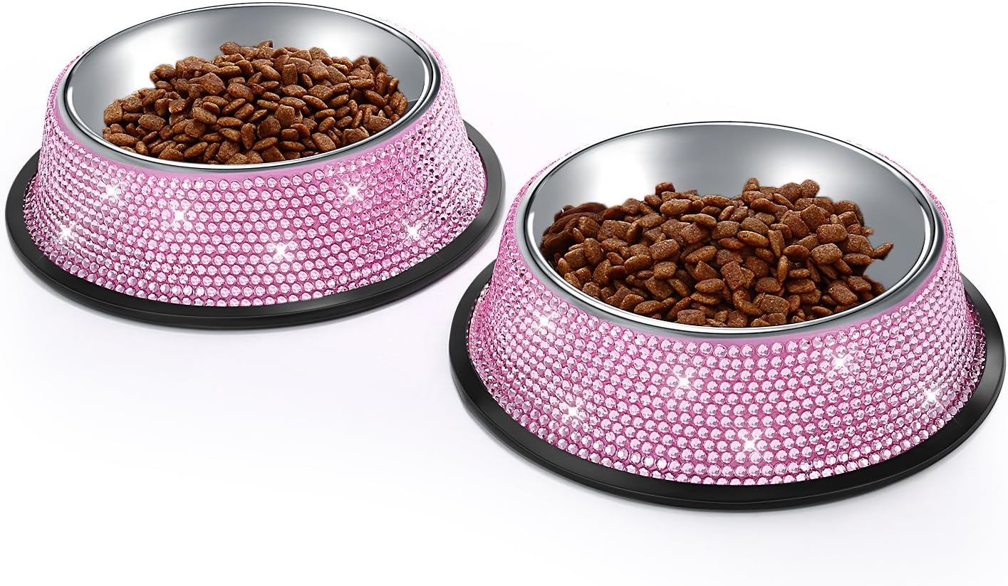 Bling Dog Bowls Pink, 640ML Handmade Bling Rhinestones Stainless Steel Pet Bowls Double Food Water Feeder for Puppy Cats Dogs - Set of 2