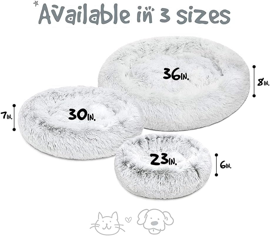 Donut Dog Bed Faux Fur Fluffy Calming Sofa for Large Dogs, Soft & Plush anti Anxiety Pet Couch for Dogs, Machine Washable Coco Pet Bed with Non-Slip Bottom, 36"X36"X8" Ivory