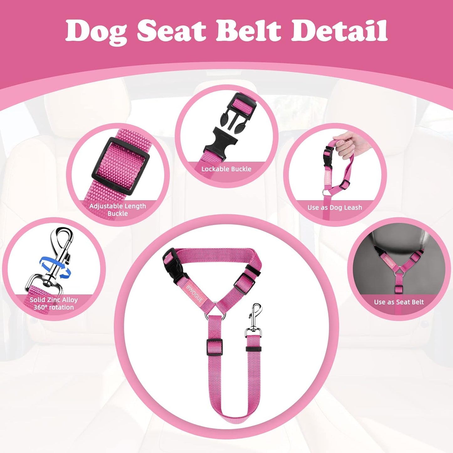 2 Packs Dog Cat Safety Seat Belt Strap Car Headrest Restraint Adjustable Nylon Fabric Dog Restraints Vehicle Seatbelts Harness