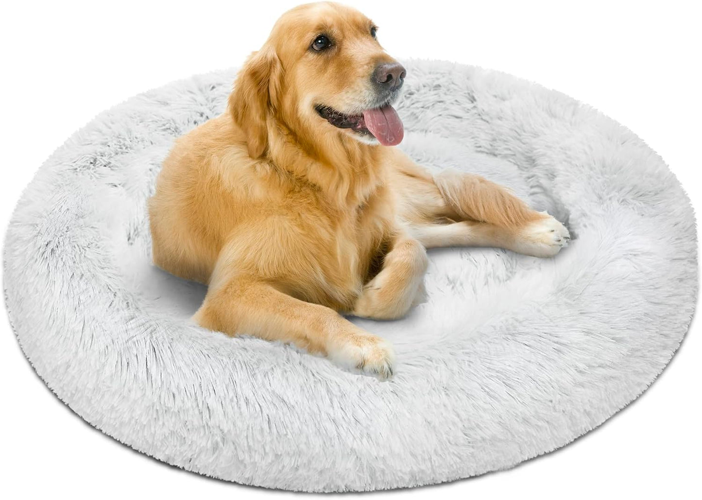 Donut Dog Bed Faux Fur Fluffy Calming Sofa for Large Dogs, Soft & Plush anti Anxiety Pet Couch for Dogs, Machine Washable Coco Pet Bed with Non-Slip Bottom, 36"X36"X8" Ivory