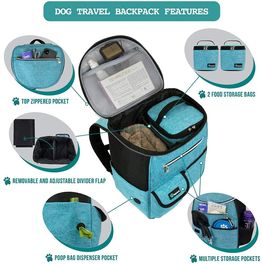 Dog Travel Bag Backpack, Airline Approved Dog Bags for Traveling, Puppy Diaper Bag Supplies, Pet Camping Essentials Hiking Accessories Dog Mom Gift, Food Container, Collapsible Bowls, Teal Blue