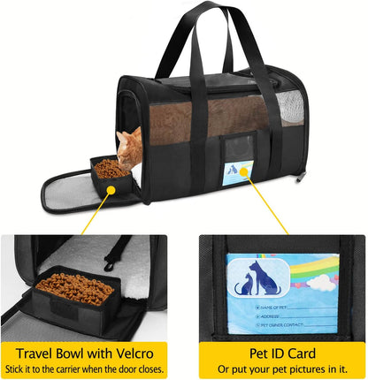 Pet Carrier Airline Approved, Cat Carriers for Medium Cats Small Cats, Soft Dog Carriers for Small Dogs Medium Dogs, TSA Approved Pet Carrier for Cats Dogs of 15 Lbs, Puppy Carrier,Black