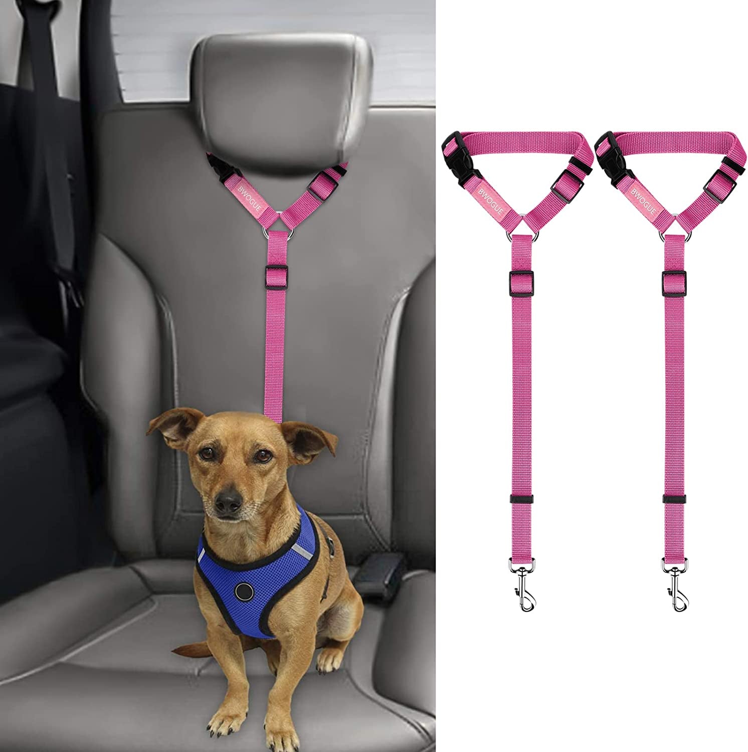 2 Packs Dog Cat Safety Seat Belt Strap Car Headrest Restraint Adjustable Nylon Fabric Dog Restraints Vehicle Seatbelts Harness