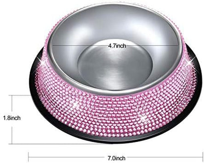 Bling Dog Bowls Pink, 640ML Handmade Bling Rhinestones Stainless Steel Pet Bowls Double Food Water Feeder for Puppy Cats Dogs - Set of 2