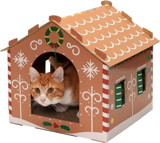 Pet Furniture for Cats and Kittens - Decorated Gingerbread Christmas House Corrugated Cat Scratcher Hideout with Catnip, Holiday Print, One Size